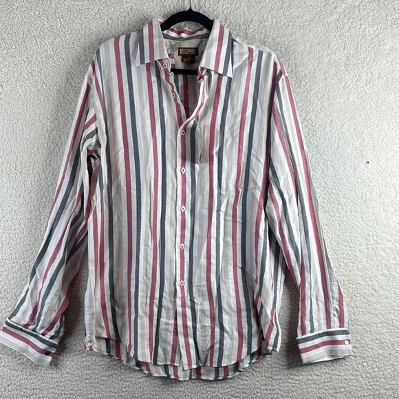 NWT Michael Kors Mens White Striped 100% Cotton Long Sleeve Button Shirt L LARGE - Picture 1 of 14